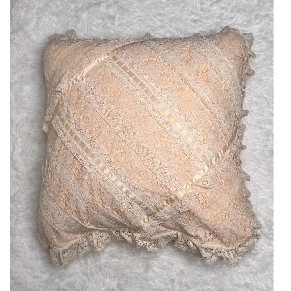 Vintage 1930s–1940s Ivory Lace Boudoir Pillow 21x21 Handmade Cottagecore